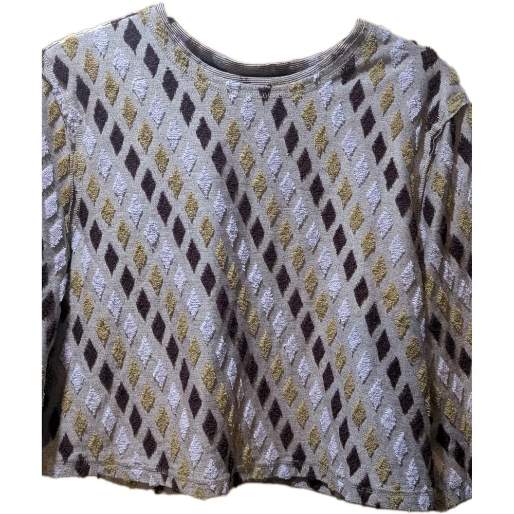 Free People Cropped Top Boxy‎ 3/4 Sleeve Mauve Mosaic Print Textured Size XL